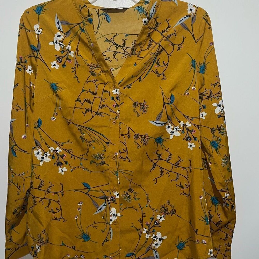 Allegra K Womens XS Mustard Yellow‎ Floral V-Neck Long Sleeve Button Up Blouse